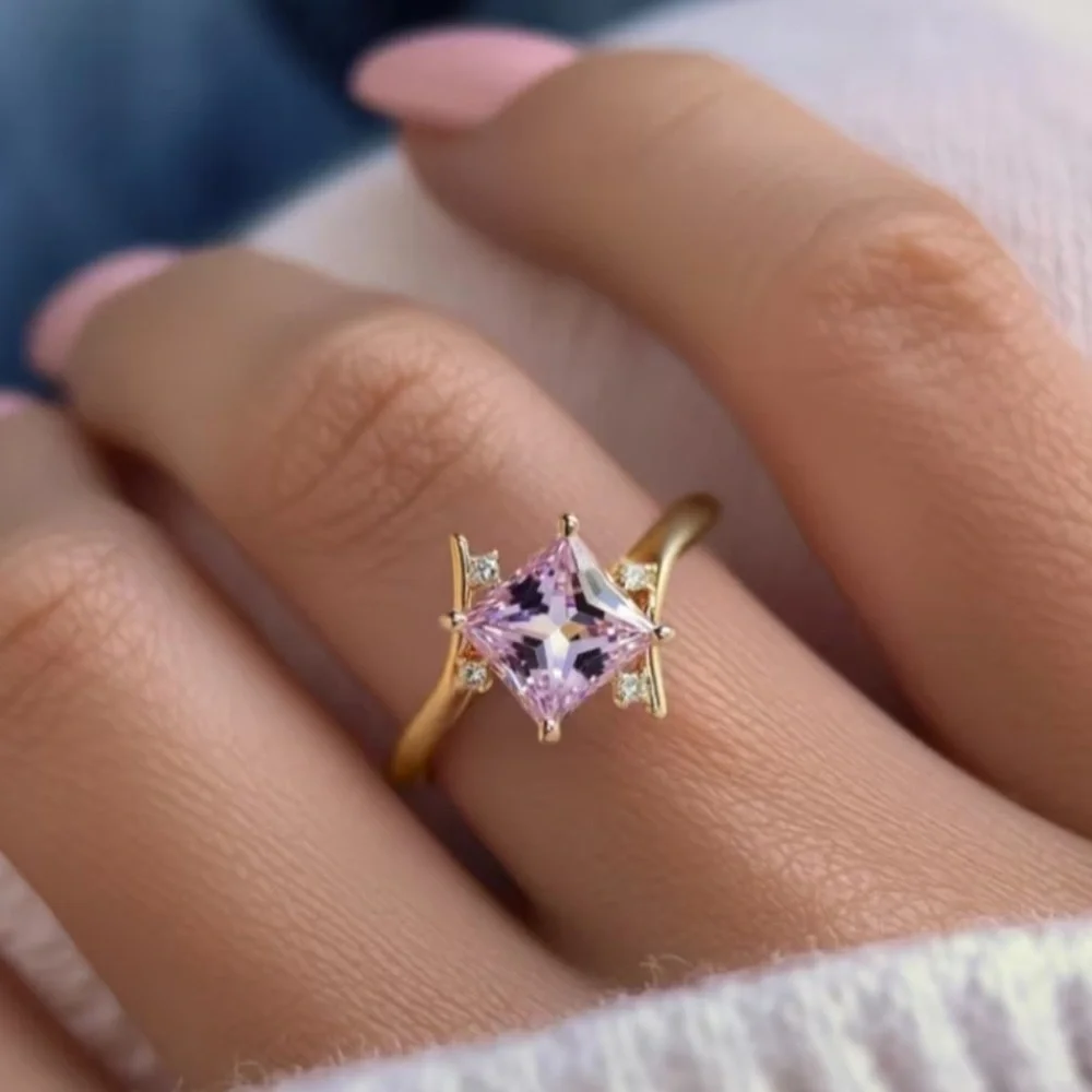 Beautiful Crystal Pink Moissanite and Gold Ring - SIZE 7